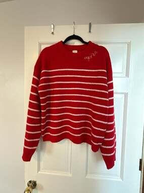 Large A New Day Red and White Striped Pullover Sweater with Embroidered Après Lo